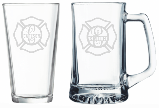 Custom Firefighter Monogram Engraved Glass